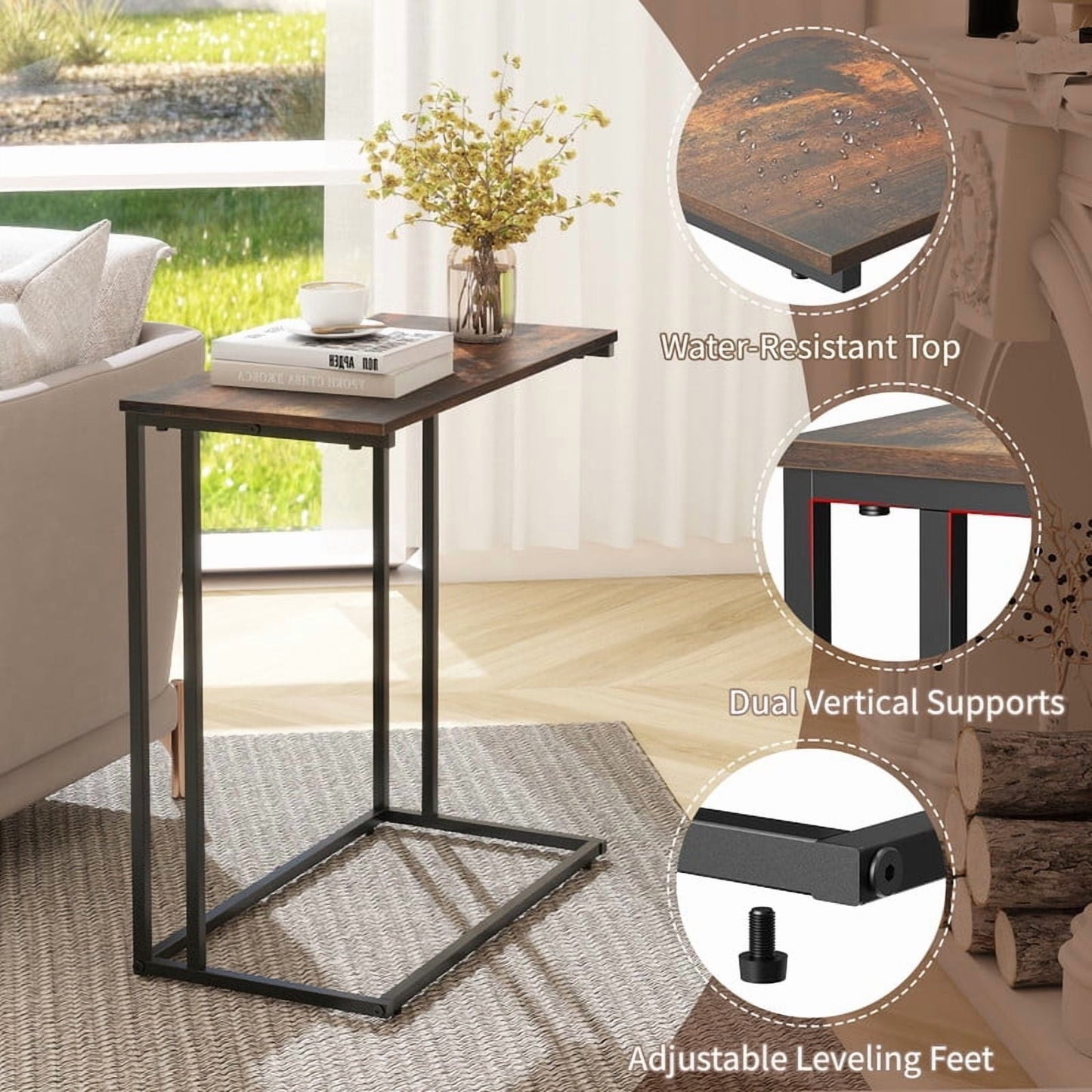 Krpimt C-Shaped End Table for Sofa & Bed Small Side Table with Metal Frame for Bedroom, Living Room, Rustic Brown