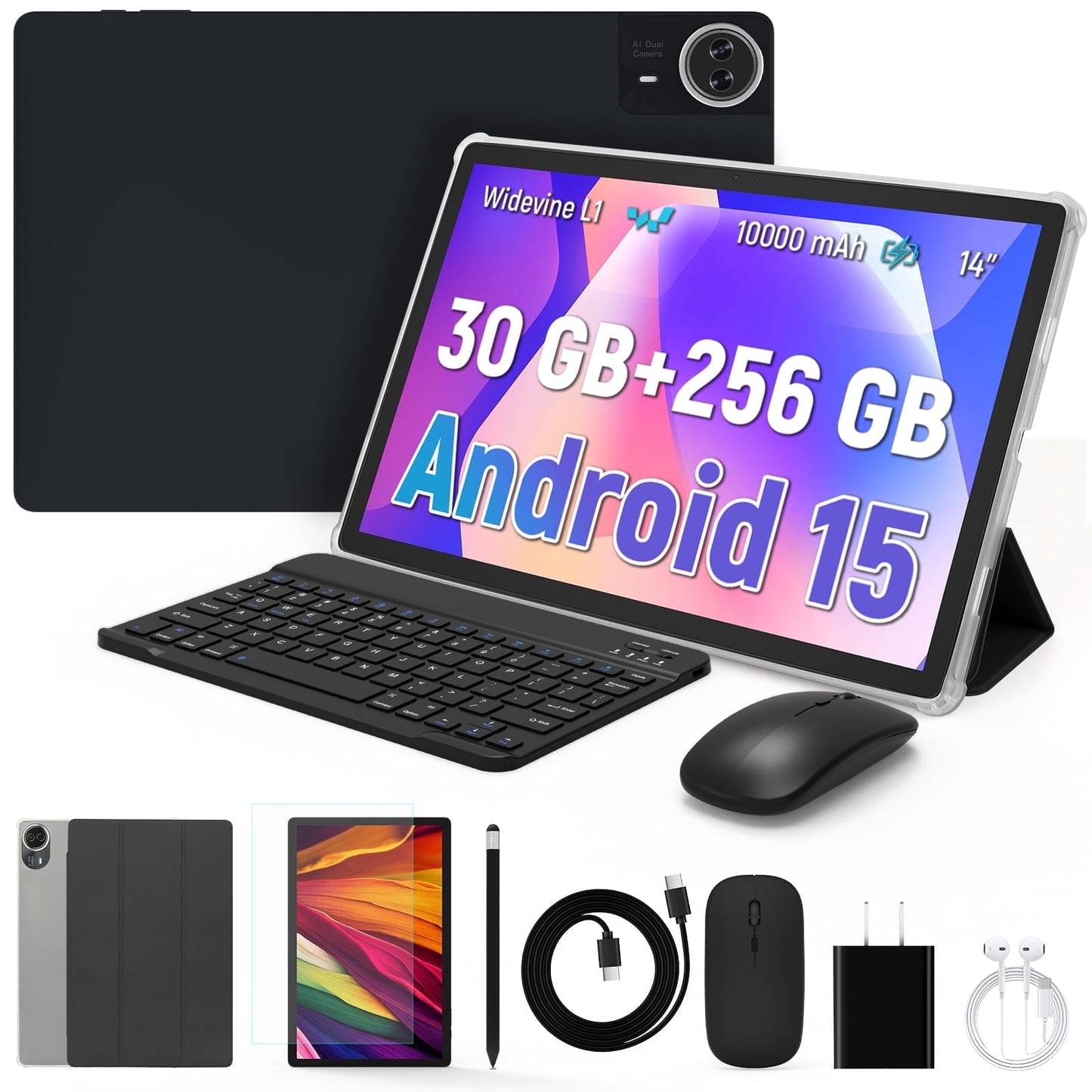 14 inch Large Screen Tablet,Android 15 Tablet Set with Keyboard Case Mouse Stylus Pen,30GB RAM 256GB ROM,1920*1200 FHD Display, 5MP+8MP Dual Camera 10000mAh battery WiFi6 Bluetooth