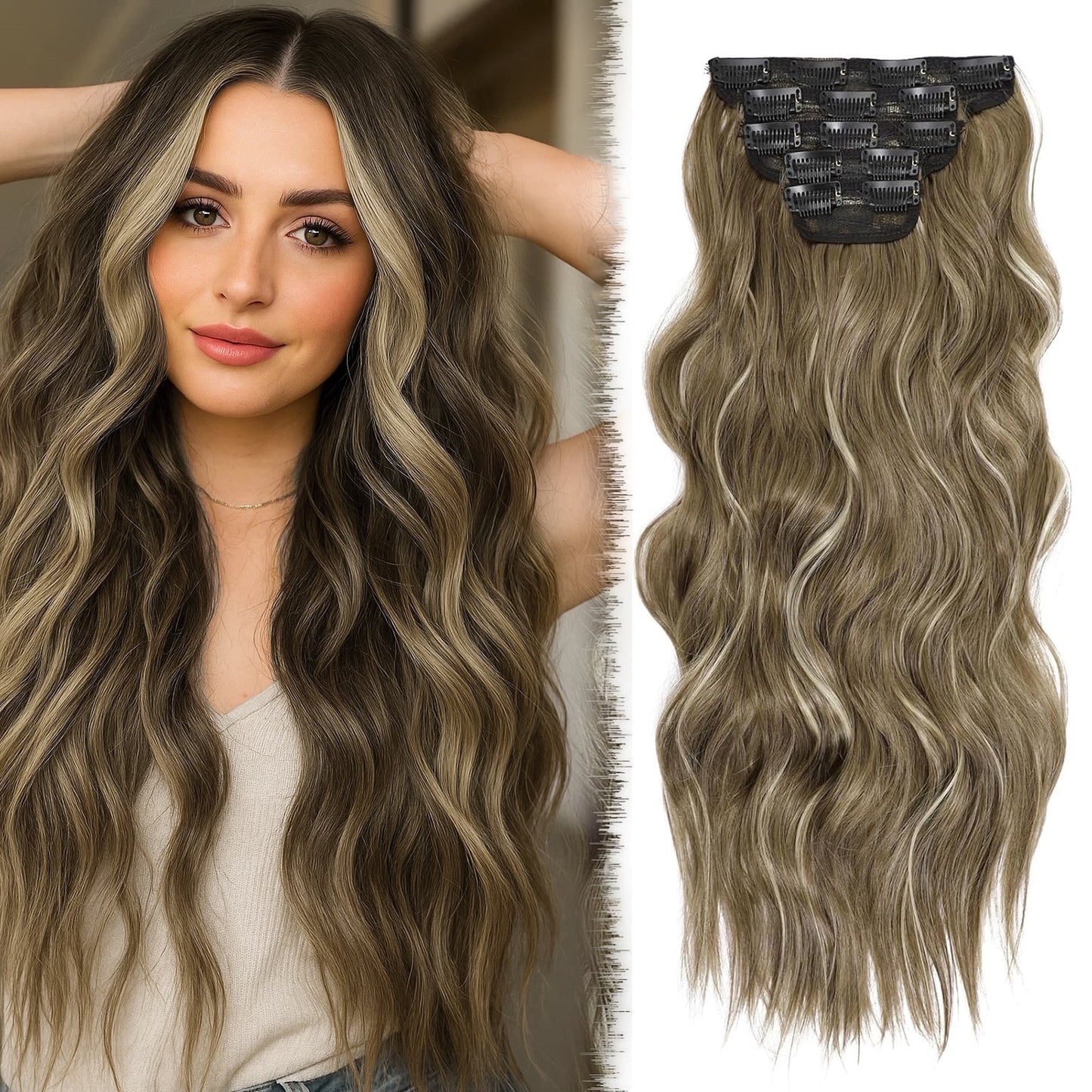 JUNGLE WAVE 20 Inch Clip in Synthetic Hair Extensions 4Pcs Light Brown Blonde Mix Wavy Curly Hairpieces for Women Thick & Natural-Looking