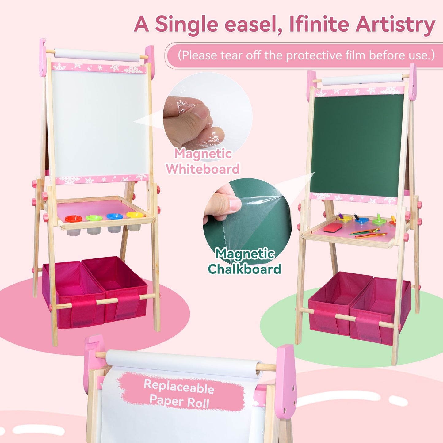 SaveJoy 3-in-1 Wooden Double Sided Kids Art Easel,Magnetic Whiteboard, Chalkboard and Paper Roll,Adjustable Standing Drawing Board with Accessories for Boys & Girls,Pink