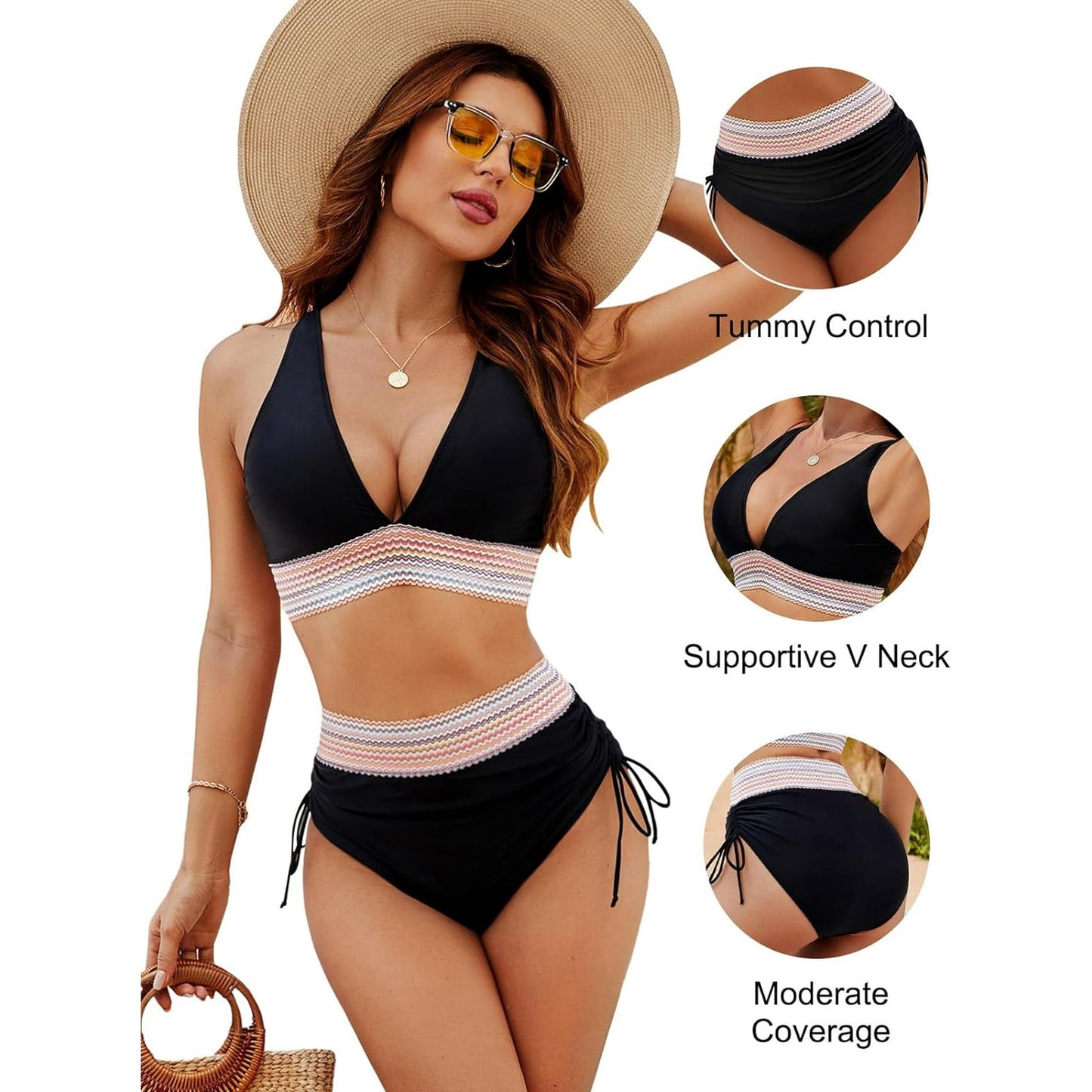 Women High Waisted Bikini Sets Tummy Control Swimsuits Color Block 2 Piece Drawstring Bathing Suit