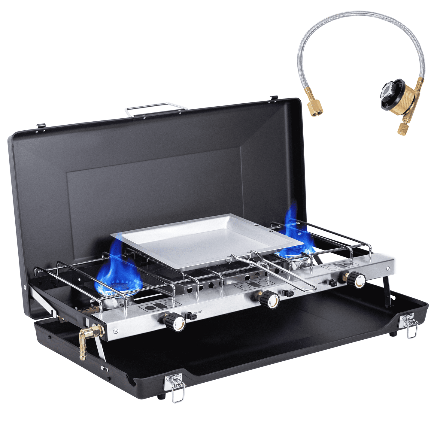 SaveJoy 3 Burner Propane Stove, Portable Camping Gas Stove for Cooking Barbeque Grill with Propane Hose Tank Adapter