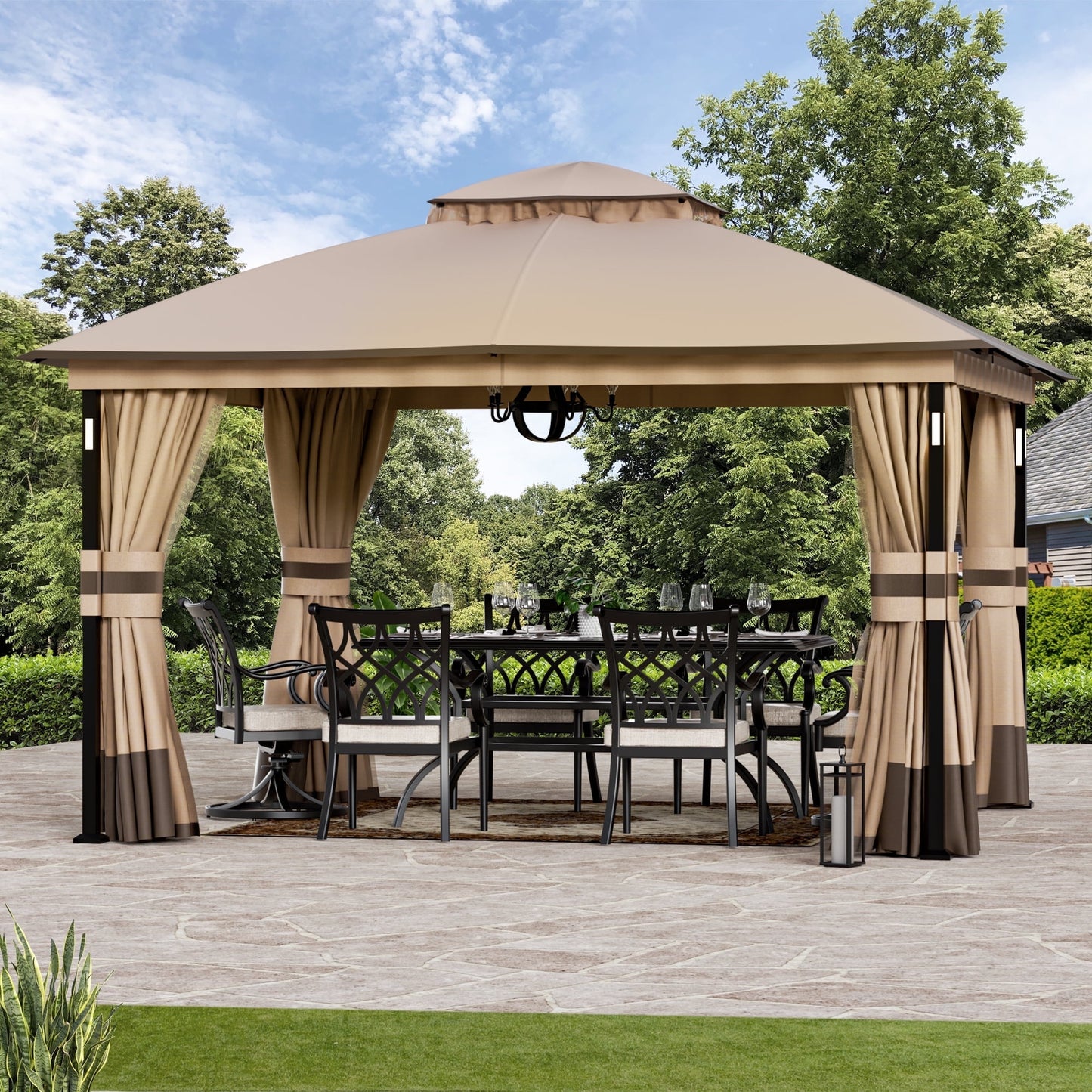 Covered Outdoor 11x13 Patio Gazebo Canopy Tent,Pop Up Gazebo with LED Lighting,Soft-Top Dual Roof Design