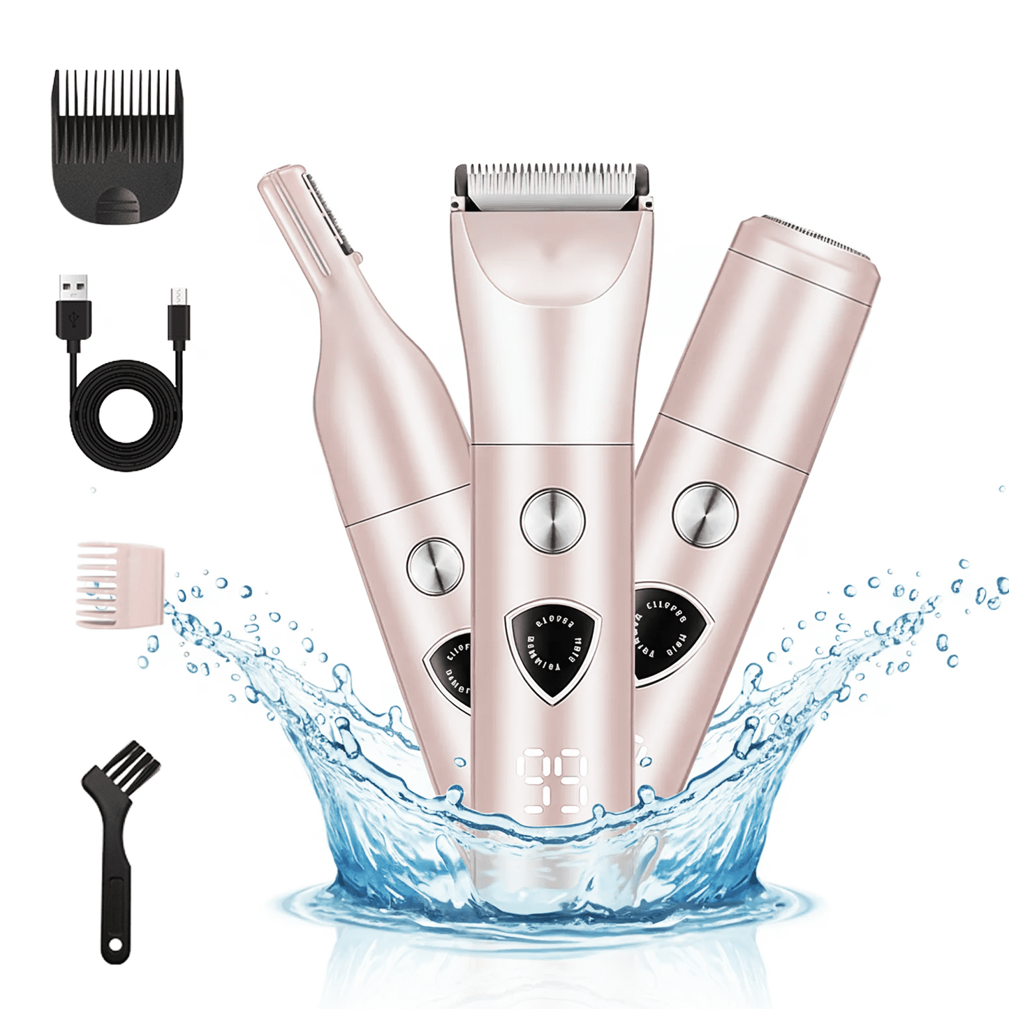 Bikini Trimmer for Women: 3 in 1 Electric Razors with LED Display - Waterproof Wet & Dry Use Hair Trimmer Kit forLadies Pubic Legs Face Underarms, Portable Womens Body Shavers Set
