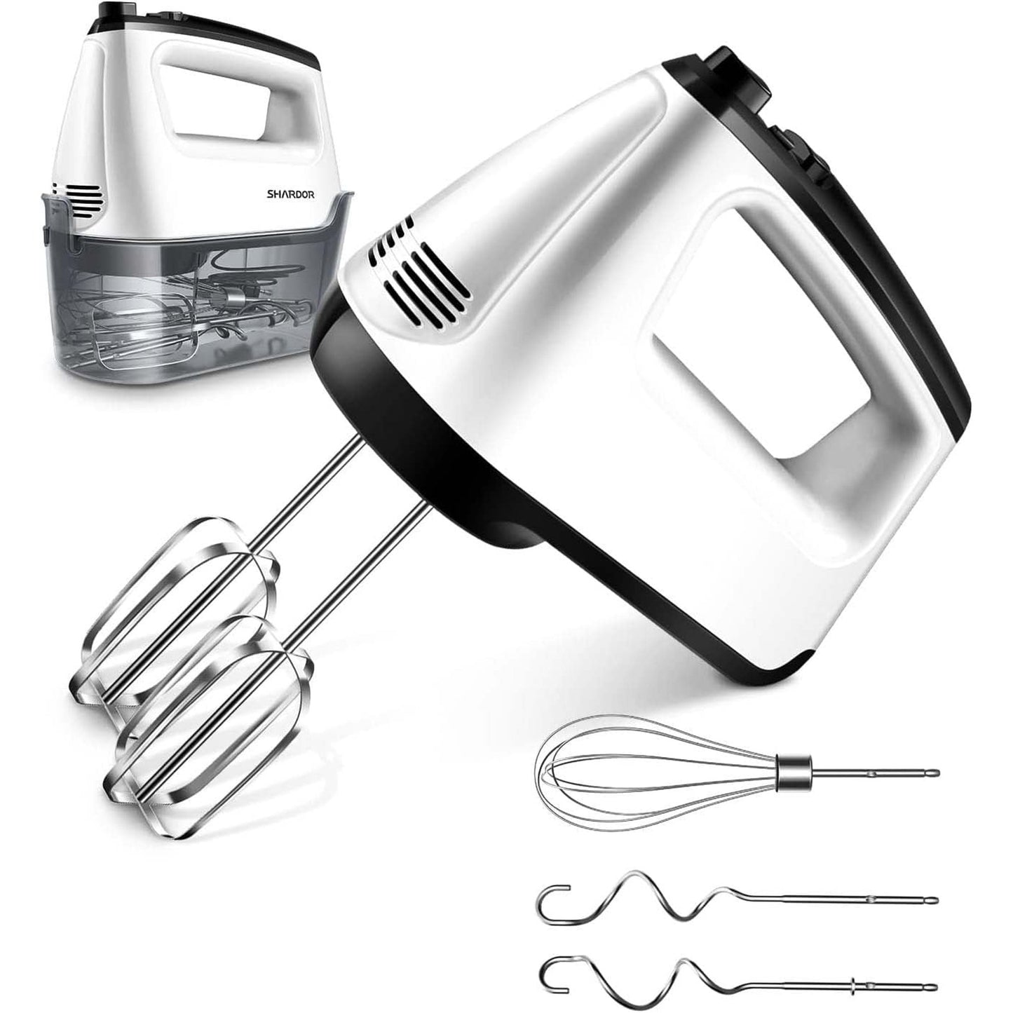 Hand Mixer Electric, 6-Speed Electric Hand Mixer with Whisk, Snap-On Storage Case,5 Stainless Steel Accessories, Kitchen Blender with Cord, White