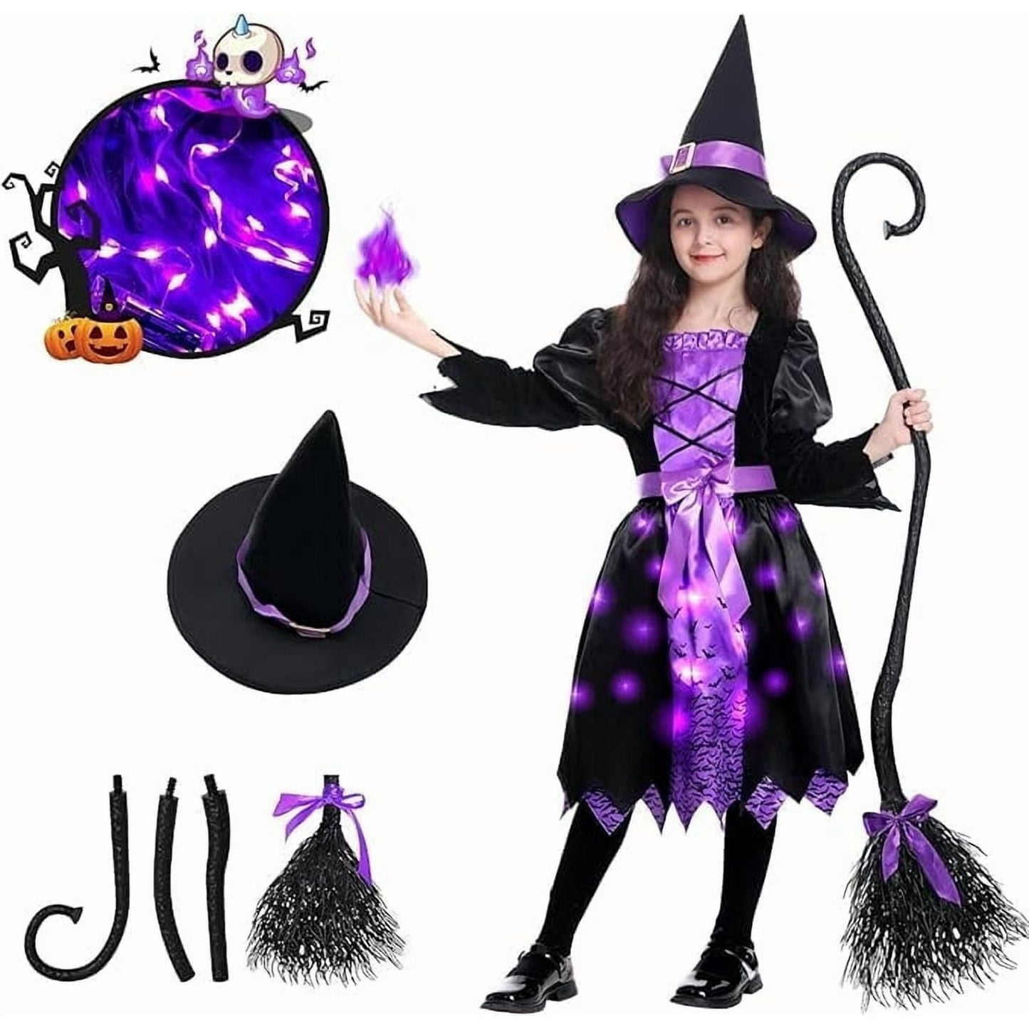 Halloween Girls Witch Costume, Toddler Witch Dress Light Up Set with Hat and Broom, Kids Costumes for Halloween Party