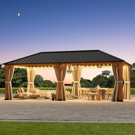 Modern Shade 12x24 Wood Hardtop Gazebo with Steel Roof,Curtains&Netting,Outdoor Grill Pavilion