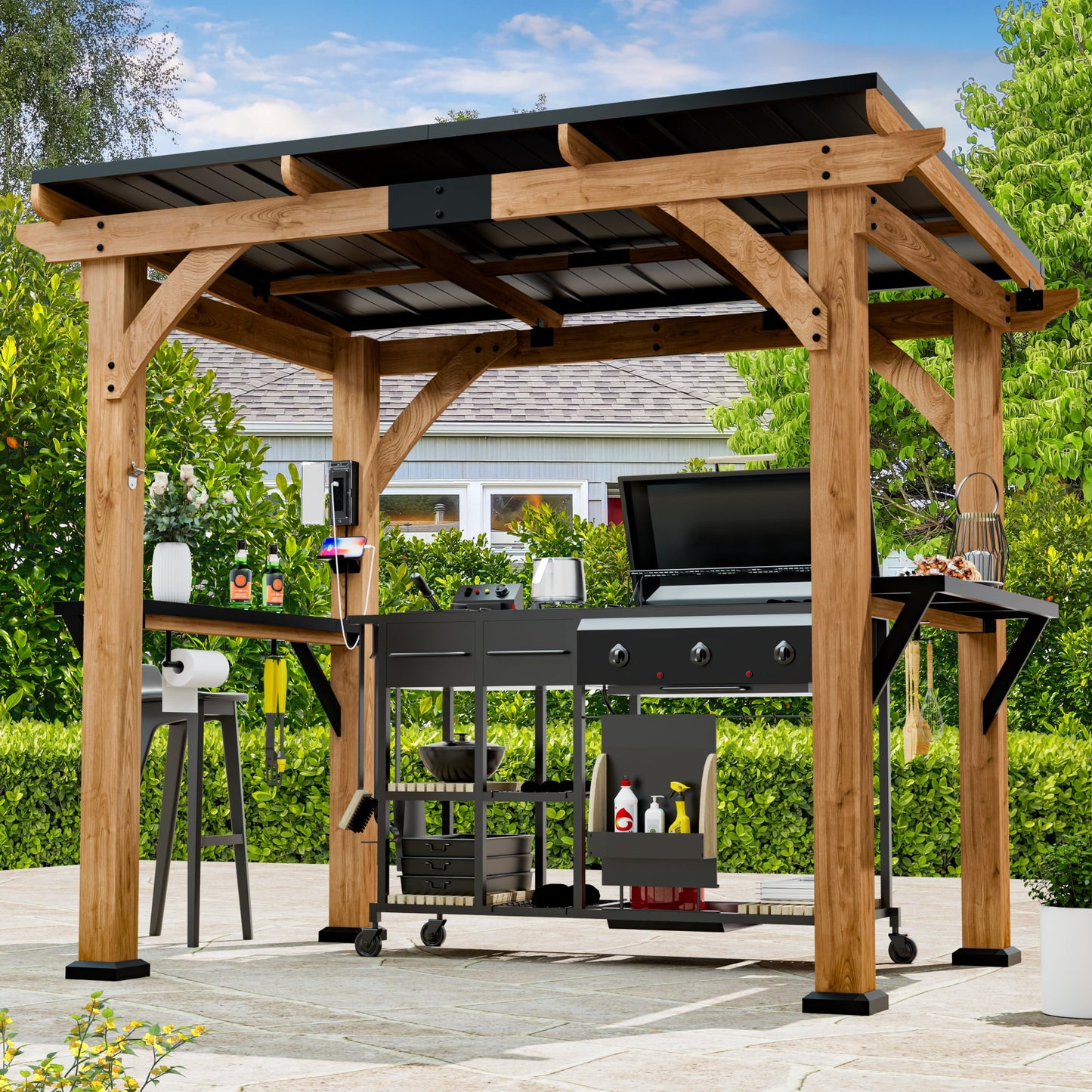 Modern Shade Grill Gazebo 6' X 8', Cedar Wood Gazebo with Shelves and Paper Towel Holder, Patio Gazebo with Galvanized Steel Roof, USB and USB-C Charging Ports, BBQ Gazebo for Patio Backyard