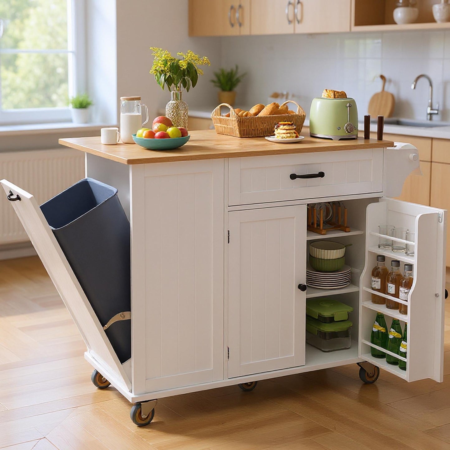 Noelse Rolling Kitchen Island with Drop Leaf Table and Hidden Trash Cabinet, Mobile Kitchen Cart with Storage Drawer, Adjustable Shelves & Rubberwood Countertop on Wheels, White