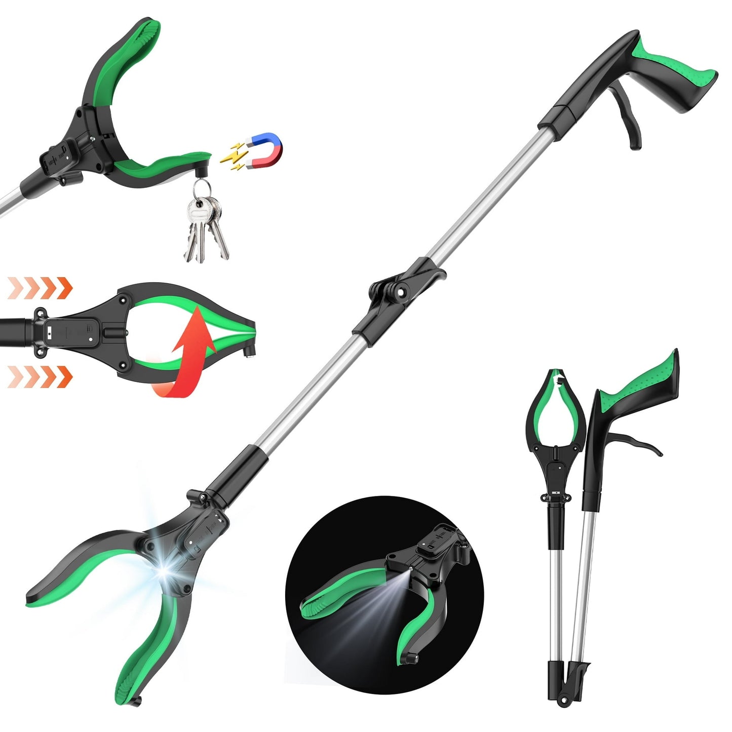ORFELD Grabber Tool 32" Steel Magnetic Claw with LED Light, Lightweight Foldable Reacher Grabber Pickup Tool, Gripper Grabbers for Elderly Grab it Reaching Tool Trash Picker Grabber, Green