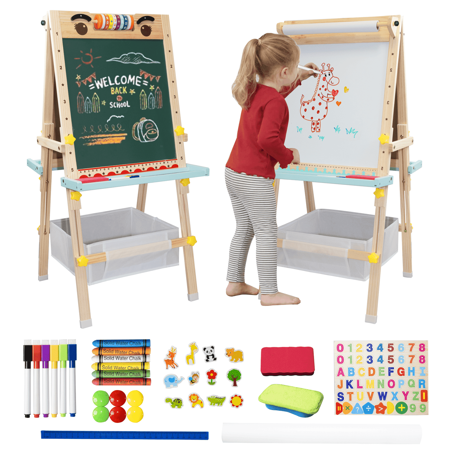 SaveJoy Kids Art Easel with Paper Roll,Double-Sided Adjustable Standing Drawing Board with Accessories for Toddlers