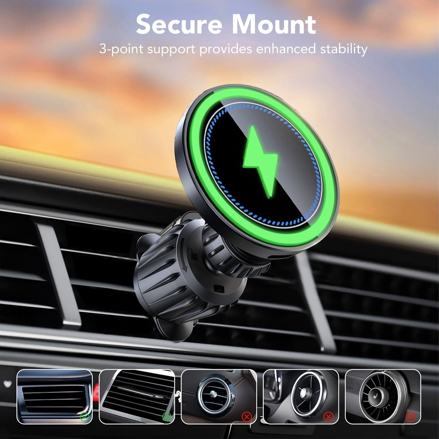 FAMOO Car Wireless Charger, Fast Charging Mobile Phone Car Bracket,The Charger Tightly Locks The Dashboard Air Outlet, Rotate 360 Degrees, Suitable for iphone16,15,14,Android