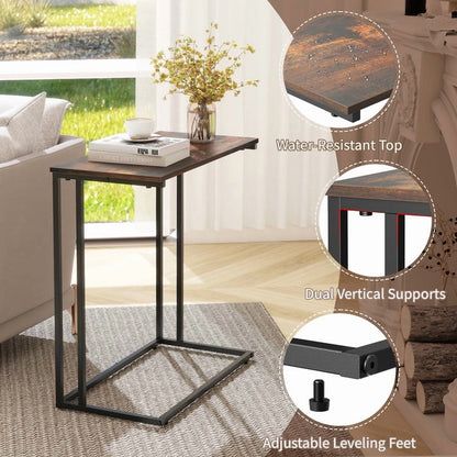 Krpimt C-Shaped End Table for Sofa & Bed Small Side Table with Metal Frame for Bedroom, Living Room, Rustic Brown