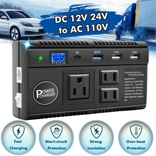 120W Power Inverter for Car Inverter 12V 24V to 110V with 2.4A 4 USB Ports 3AC Outlets [33W PD Type-C]， [18W USB-QC 3.0] for Vehicles Truck Laptop