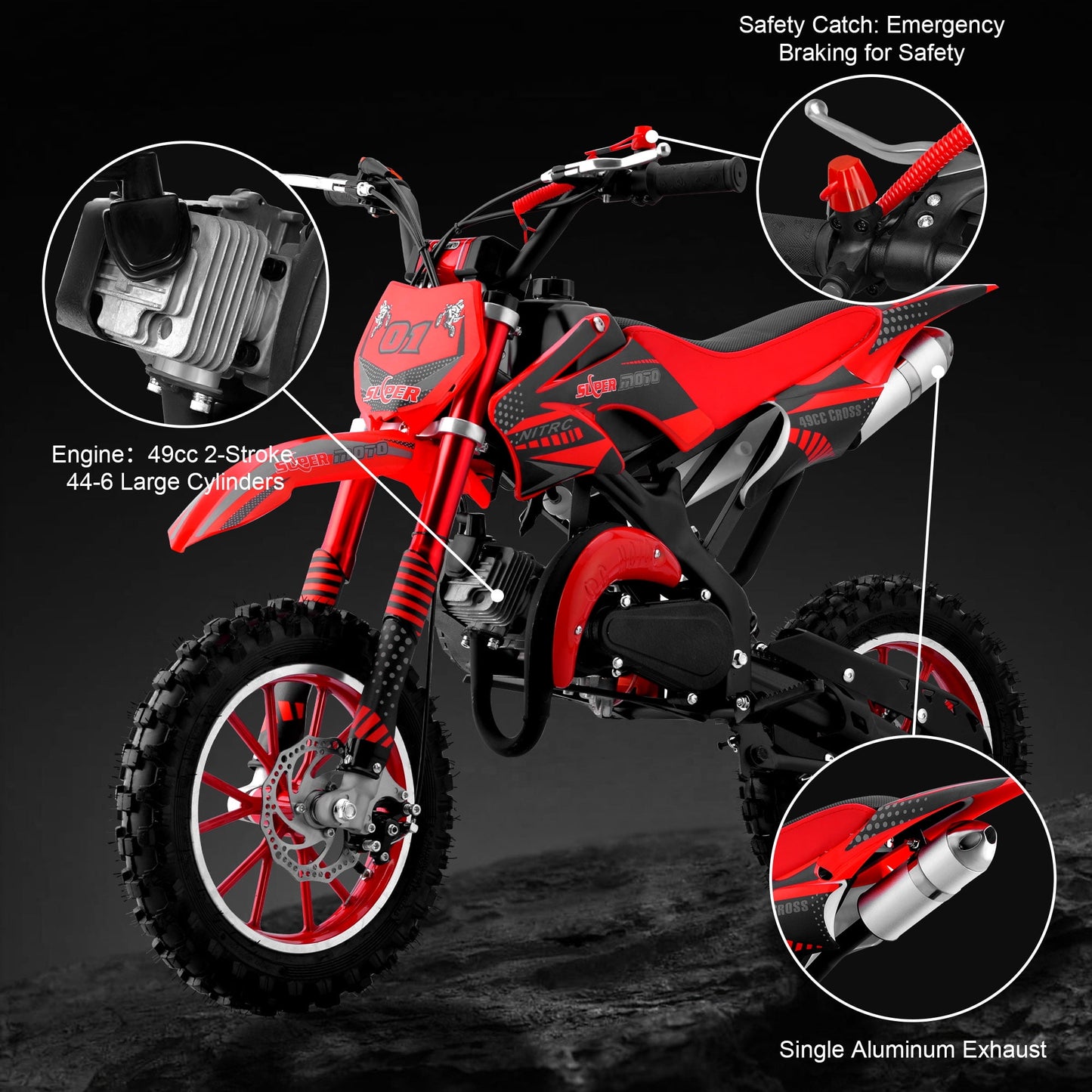 Ktoebyco 49cc Kids Dirt Bike, Gasoline Powered 2-Stroke Mini Motorcycle, 1-Seater, 1.5L Fuel Capacity, Red