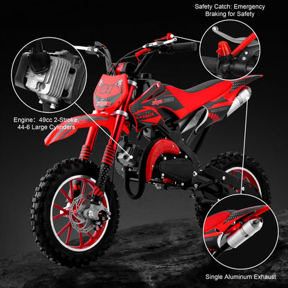 Ktoebyco 49cc Kids Dirt Bike, Gasoline Powered 2-Stroke Mini Motorcycle, 1-Seater, 1.5L Fuel Capacity, Red