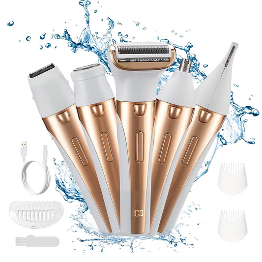 Electric Razors for Women: 5 in 1 Waterproof Facial Razor & Body Hair Trimmer for Bikini Underarm Hairs (Gold)