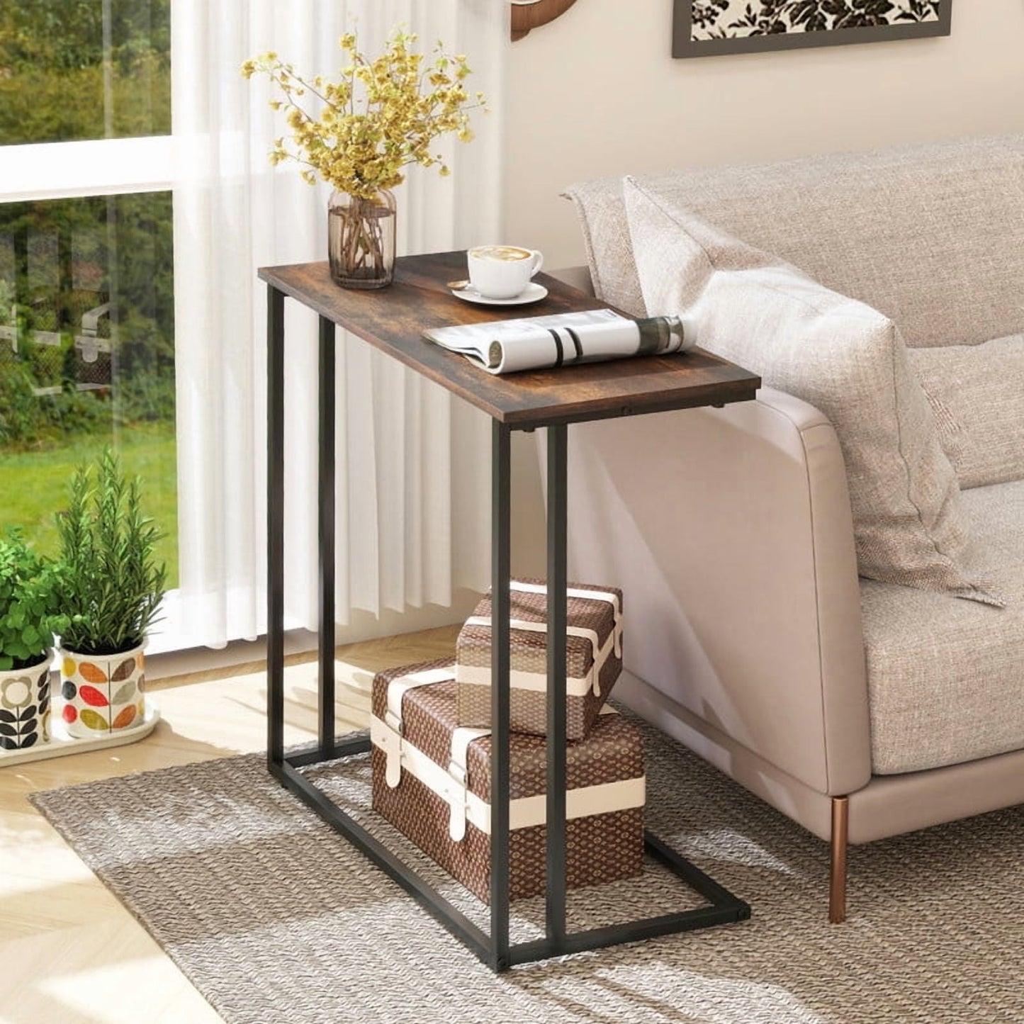 Krpimt C-Shaped End Table for Sofa & Bed Small Side Table with Metal Frame for Bedroom, Living Room, Rustic Brown