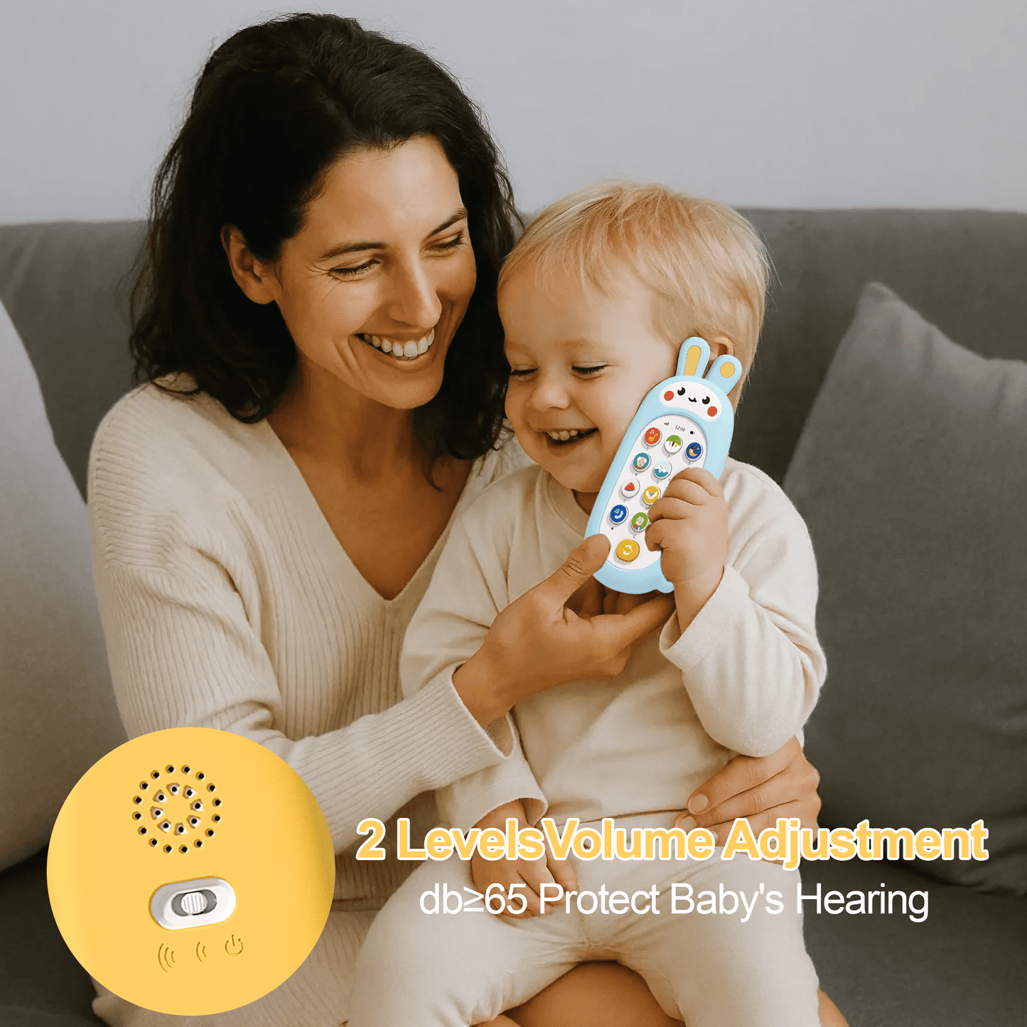 FRESHE Musical Kids Phone Toy with Rabbit Silicone Case, Sensory Learning Toys for 1 Year Old with 13 Functions, Multi Sound Effects & Music, Yellow