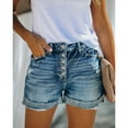 Women's Denim Jean Shorts for Juniors High Waisted Stretchy Distressed with Frayed Hem Button Closure and Pockets Casual Summer Teen Girls Blue