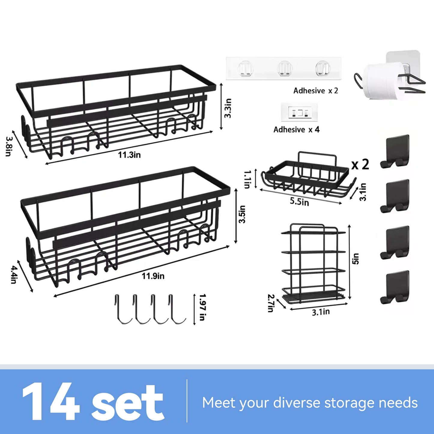 Orfeld 14 PCS Large Capacity Shower Caddy with 4 Hooks, Rustproof Bathroom Organizers for Inside Shower,No Drilling for Bathroom Storage,Rack black