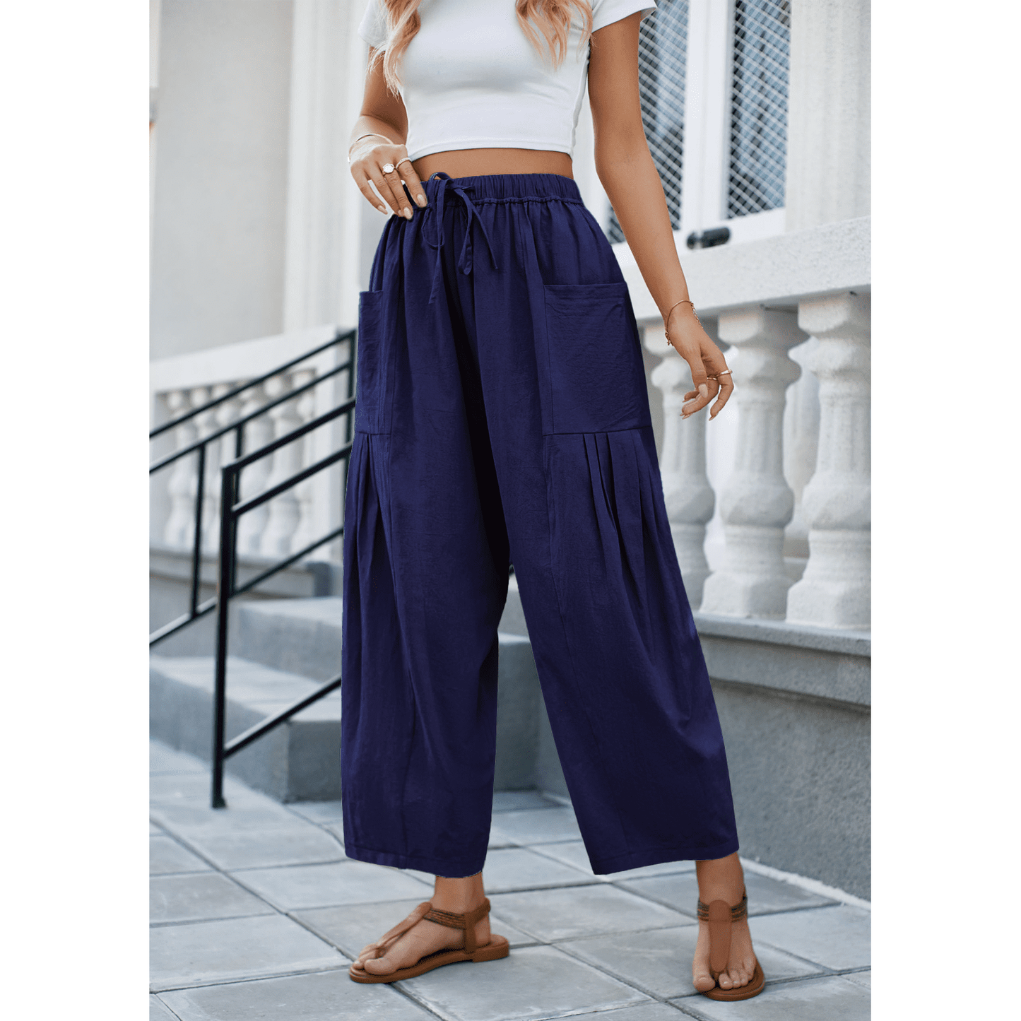 SOMER Womens Pleated Flowy Wide Leg Pants Cotton Linen Drawstring Elastic Waist Casual Loose Harem Palazzo Trousers with Pockets