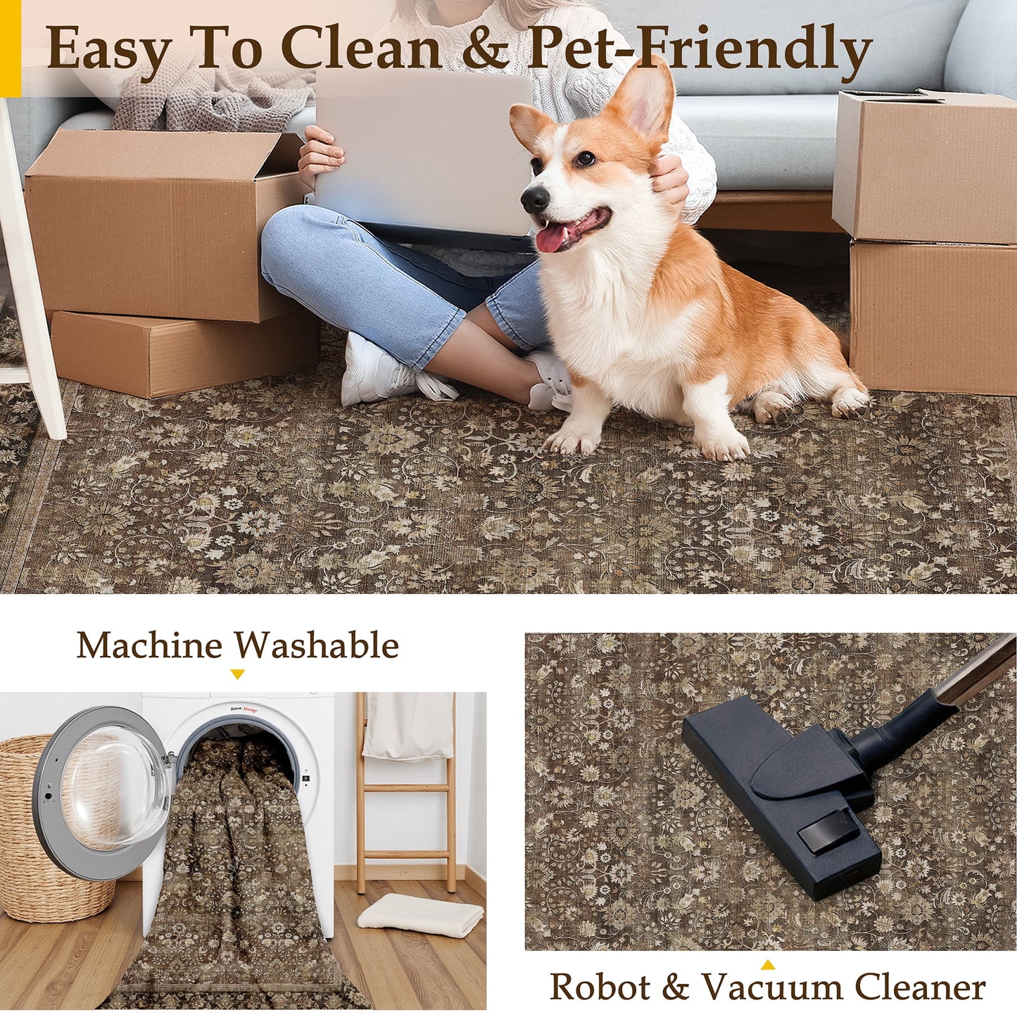 BERTHMEER 8'x10' Large Brown Area Rugs Vintage Oriental Traditional Rugs for Living Room Bedroom Dining Room Farmhouse Machine Washable Non-slip