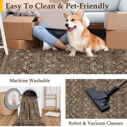 BERTHMEER 8'x10' Large Brown Area Rugs Vintage Oriental Traditional Rugs for Living Room Bedroom Dining Room Farmhouse Machine Washable Non-slip