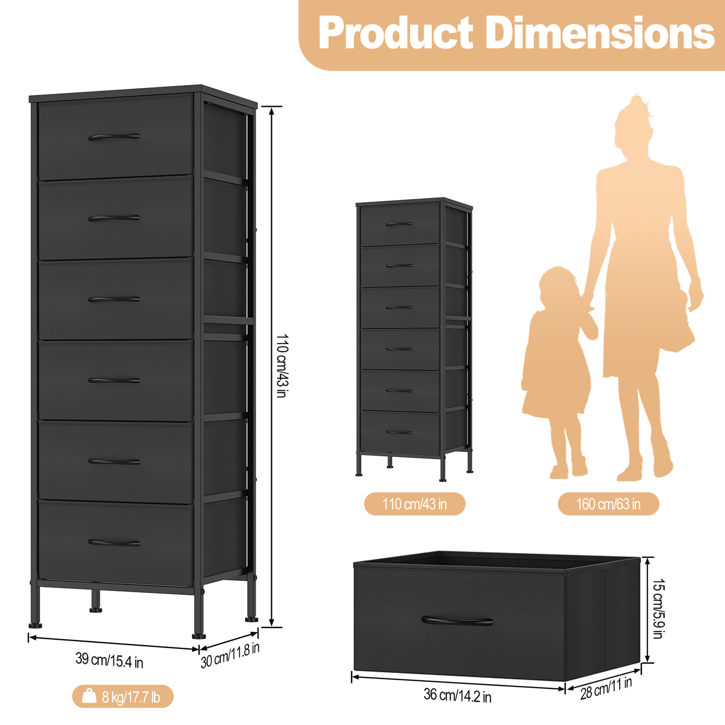 EZKAMFORT 6-Fabric Drawer Dresser for Bedroom Tall, Tall Fabric Chest of Drawers, Black Dresser of Clothes Drawer for Bedroom, Living Room