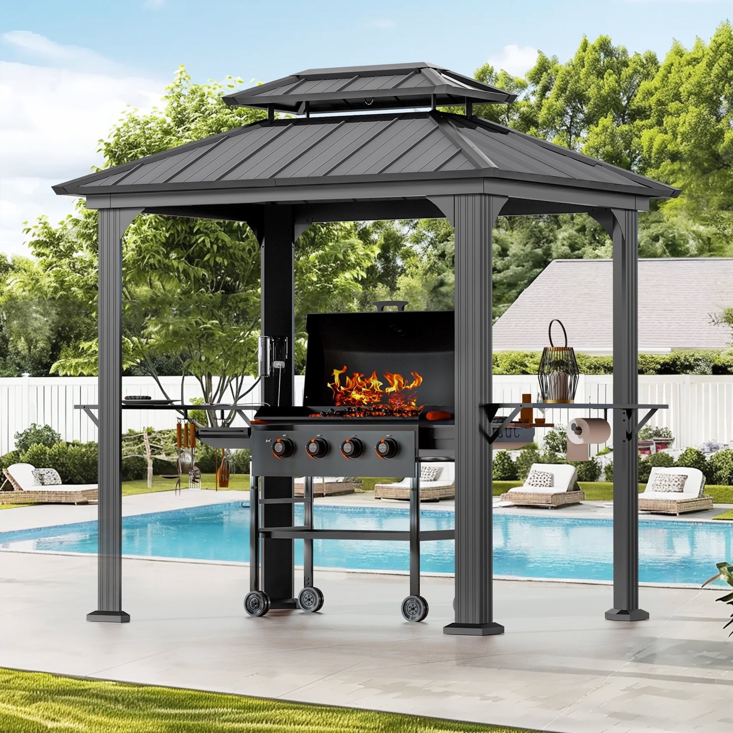 Modern Shade 6’ x 8’ Aluminum Grill Gazebo, Equipped with Shelves, Ceiling Hook, and Galvanized Steel Roof for Enhanced Patio, Lawn, or Backyard Deck BBQ Experience