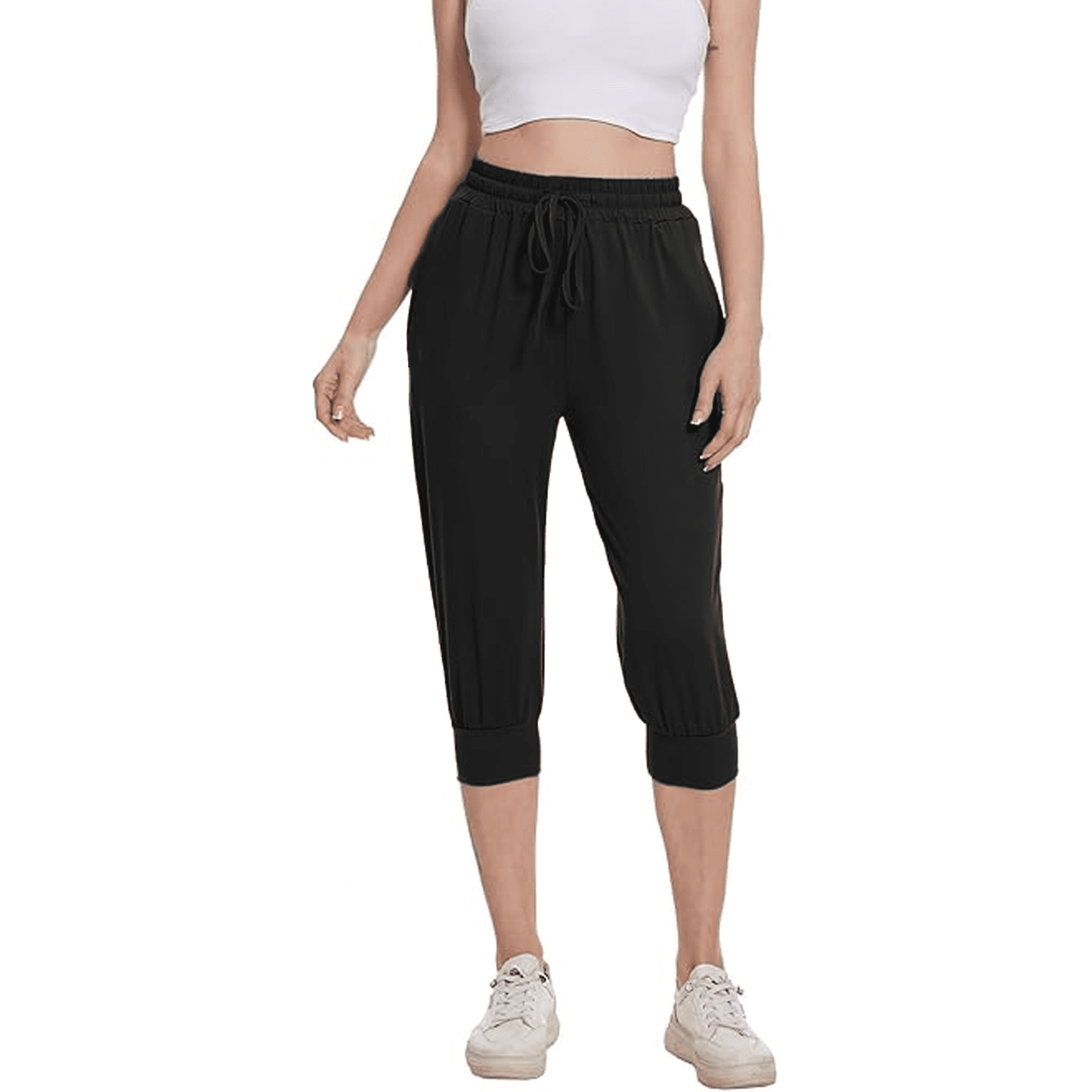 Women's Cargo Capri Sweatpants Hiking Joggers Cropped Pants Lightweight Quick Dry Athletic Workout Leggings Casual Outdoor Shorts Black