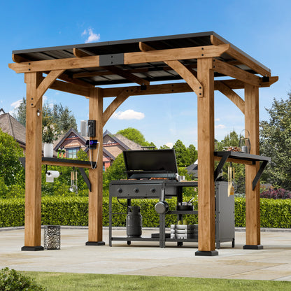 FONA 6'x8' Cedar Wood Grill Gazebo with Shelves,Paper Towel Holder,Steel Roof & USB Charging Ports