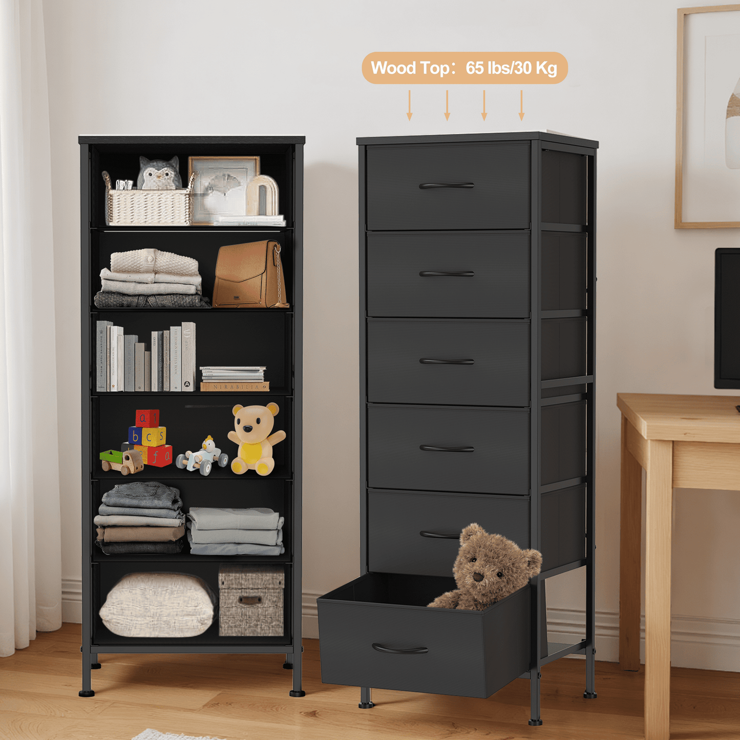 EZKAMFORT 6-Fabric Drawer Dresser for Bedroom Tall, Tall Fabric Chest of Drawers, Black Dresser of Clothes Drawer for Bedroom, Living Room