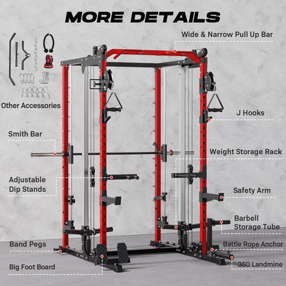 WARIOUT Power Cage, 2000LBS Multi-Function Smith Machine with Cable Crossover System, Fitness Squat Rack for Full-Body Workouts, Weight Cage for Home Gym