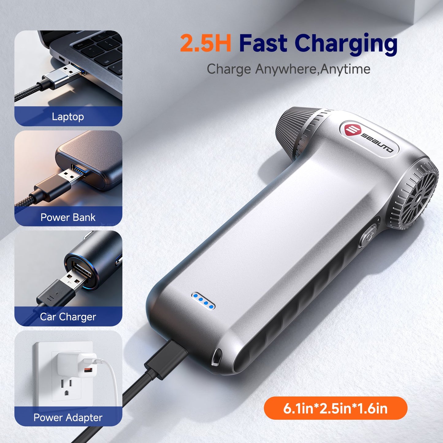 Seauto Cordless Air Duster, 130000RPM Electric Compressed Air Duster, Mini Blower with 3-Speed, 4000mAh Battery, USB-C Fast Charging for Car, Computer, Home & Snow Cleaning，Silver