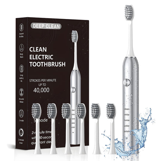 AMBLER Electric Toothbrush for Adults and Kids,40000 VPM Deep Clean 5 Modes 6 Brush Heads Smart Timer（White）