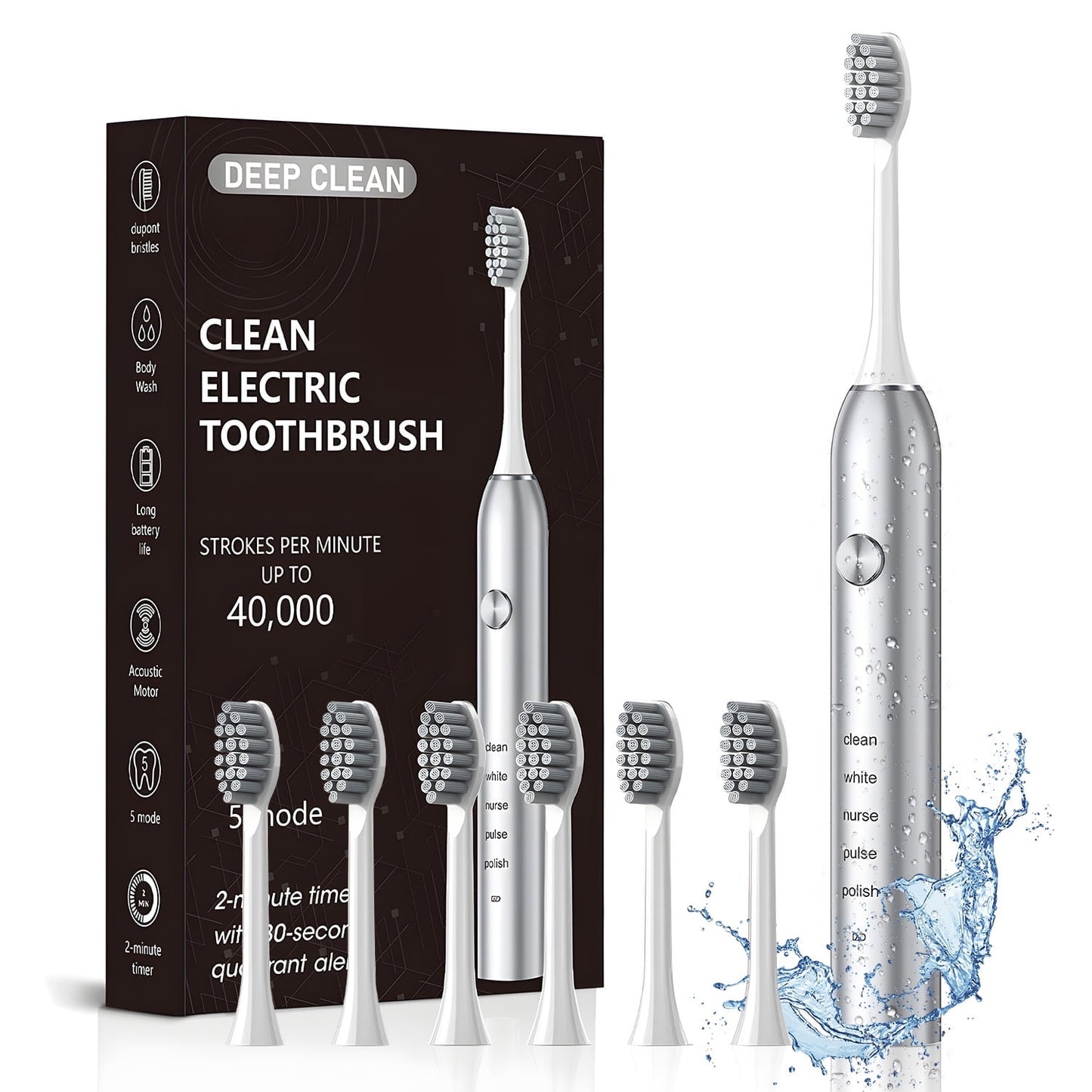 AMBLER Electric Toothbrush for Adults and Kids,40000 VPM Deep Clean 5 Modes 6 Brush Heads Smart Timer（White）