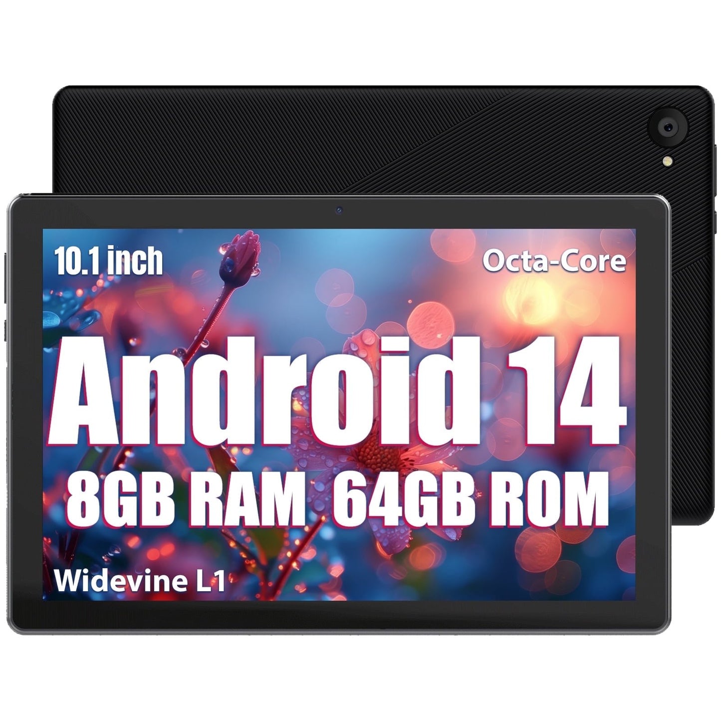 Android 14 Tablet, 10.1 inch Tablets with 1280 * 800 IPS HD Touchscreen, Octa-Core Processor, 8GB RAM 64GB ROM, 1TB TF Card Expandable, Widevine L1, Face ID, Wi-Fi 6 - Black
