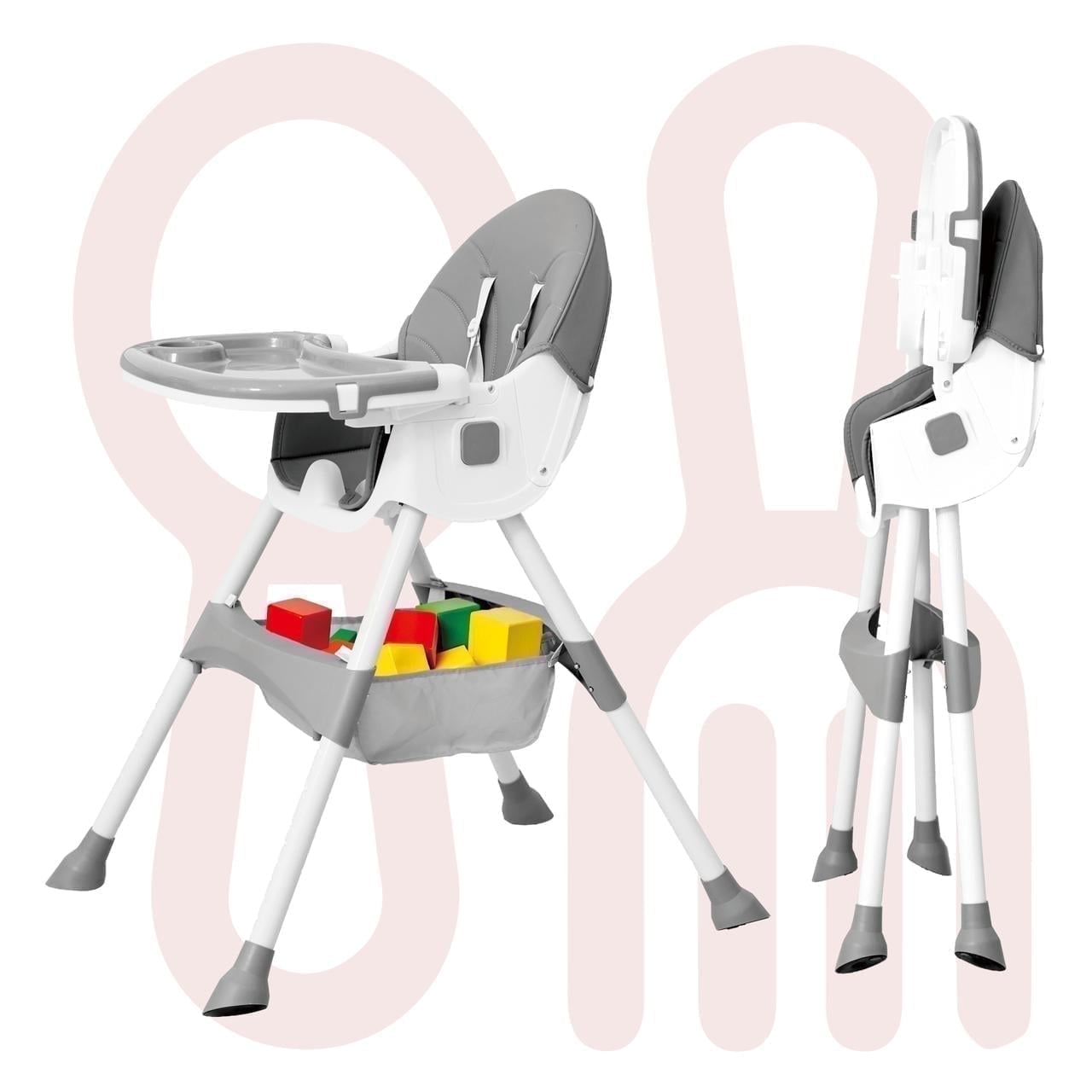 Aprpink 6 in 1 Baby Convertible High Chair Seat with 5 Point PU Safety Harness Gray Striped