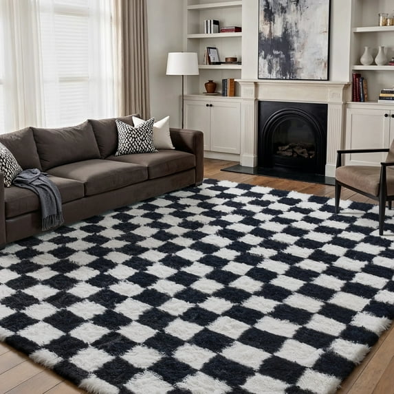 BERTHMEER 8'x10' Shag Ultra-Soft Area Rugs，Fluffy Rugs Carpets for Living Room Bedroom High-Plie Soft Checkered Rugs, Black White