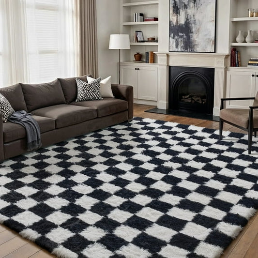 BERTHMEER 8'x10' Shag Ultra-Soft Area Rugs，Fluffy Rugs Carpets for Living Room Bedroom High-Plie Soft Checkered Rugs, Black White