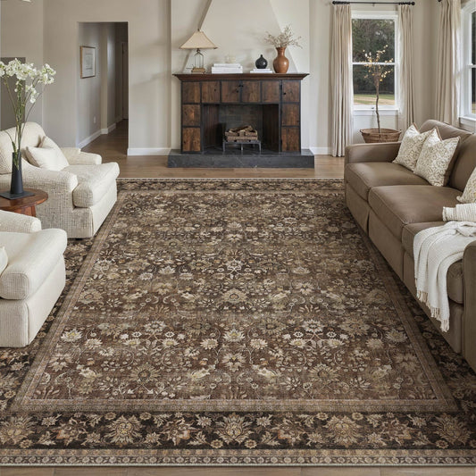 BERTHMEER 8'x10' Large Brown Area Rugs Vintage Oriental Traditional Rugs for Living Room Bedroom Dining Room Farmhouse Machine Washable Non-slip