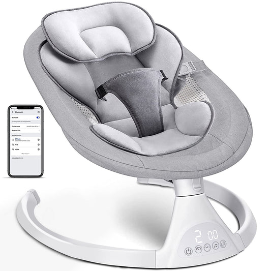 Baby Swing for Infants, OEIKPFN Bluetooth Baby Bouncer for Babies 0-9 Months with 5 Speed, Gray