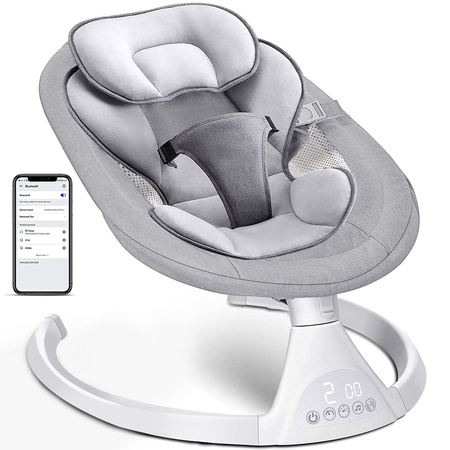 Baby Swing for Infants, OEIKPFN Bluetooth Baby Bouncer for Babies 0-9 Months with 5 Speed, Gray