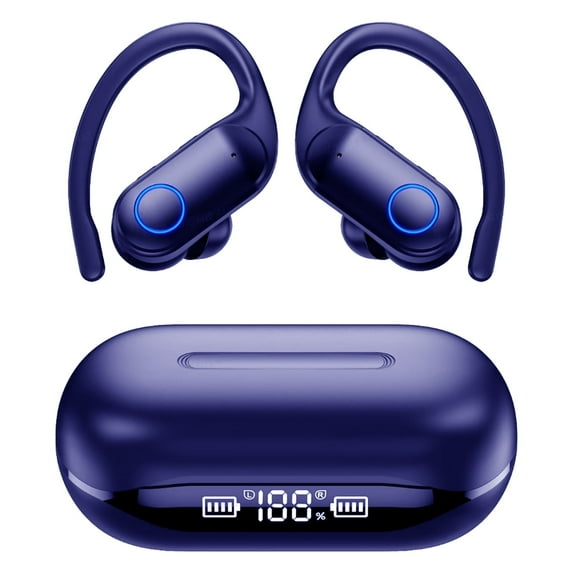 Bluetooth Headphones 5.3, Over-Ear Headphones Built-in 4 ENC Mics, 60Hrs Playtime Wireless Earbuds, Bass Boost 85%, IPX7 Waterproof Ear Buds with Earhook for Exercise Running Sports Blue