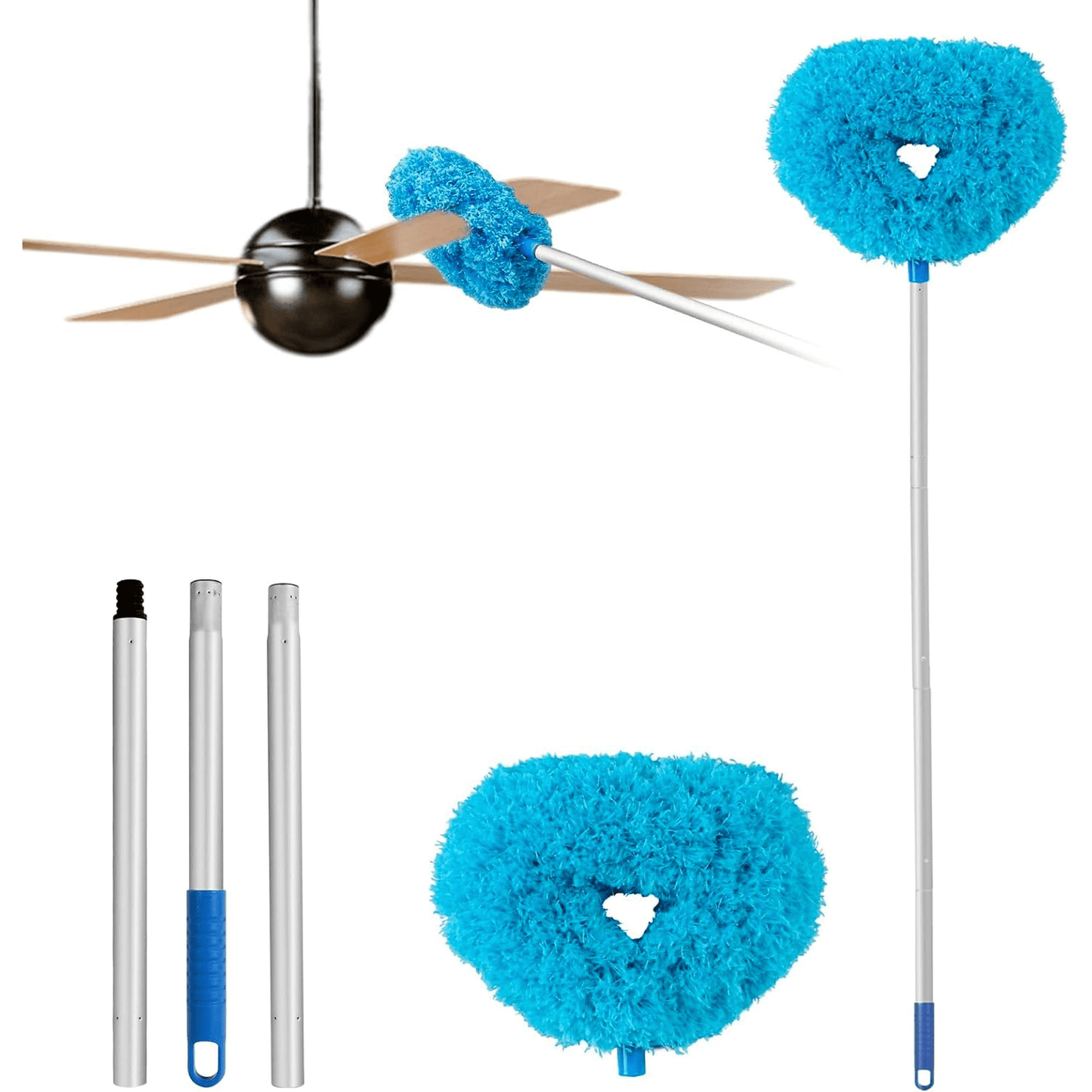 Ceiling Fan Cleaner Duster Reusable Microfiber Ceiling Fan Blade Cleaner Removable Duster with Extension Pole Adjusts 13 to 49.7 Inch for Cleaning Walls Bookshelves Furniture Door Window Top (Blue)
