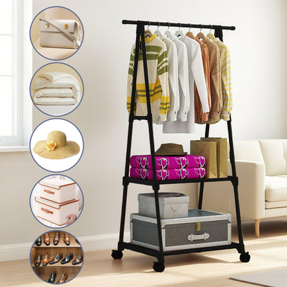 HioHa Portable Clothes Rack on Wheels with 2-Tier Shelves & Hooks - Stainless Steel Rolling Garment Rack for Clothing, Shoes, Laundry - Home, Office, Dorm Use (Black)