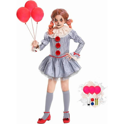 Scary Clown Costume for Girls, Halloween Outfit with Balloons & Makeup Kit for 5-7 Years