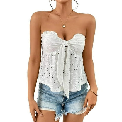 SOMER Women's Tube Top Summer Eyelet Bandeau Butterfly Knot Off Shoulder Top