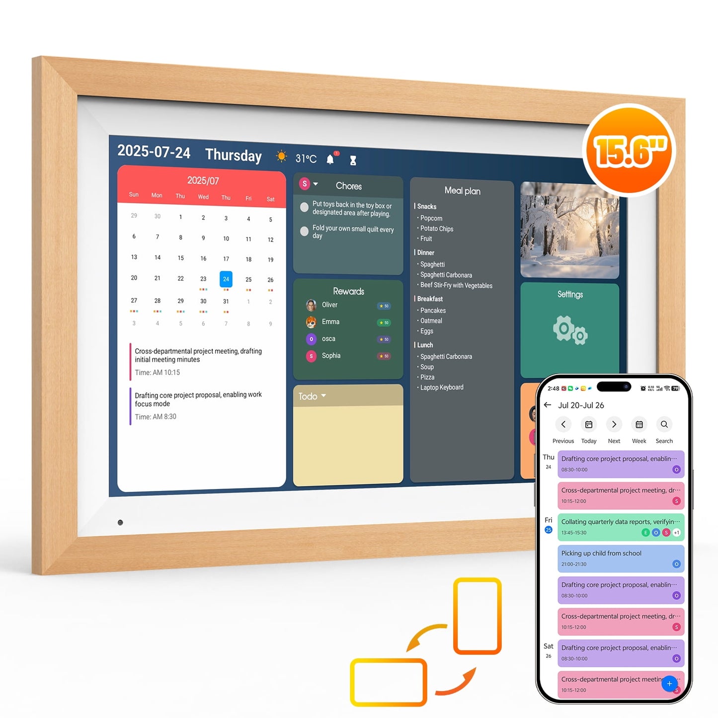 AEEZO Wifi15.6" Smart Digital Calendar – 1920×1080 Full HD Touchscreen Family Planner & Calendar with Chore Chart & Meal Planner, Wall-Mountable,Black+ Wooden Frame